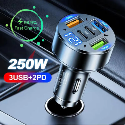 Car Charger 250W 5 Ports Fast Charging PD QC3.0 USB C Car Phone Charger Adapter With Voltage For iPhone Samsung Huawei Xiaomi - Smarsty