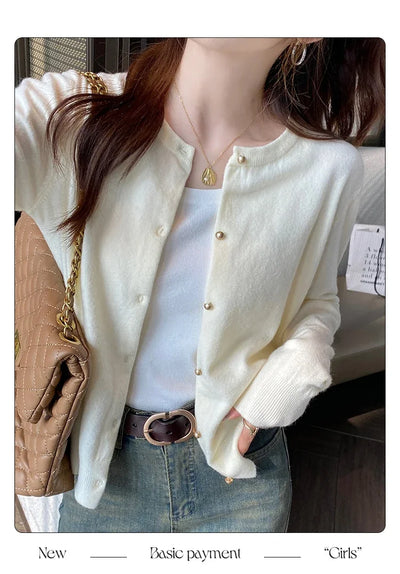 Solid Color Knitted for Women Cardigan Korean Single Breasted Long Sleeve Jumper Woman Round Neck All Match Cardigans Outwear - Smarsty