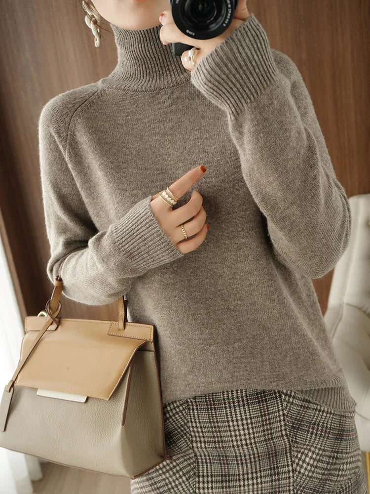 Fashion Basic Autumn Winter  Merino Wool Sweater Mock Neck Cashmere Pullover  Solid Color Soft Long Sleeve Clothing Tops - Smarsty