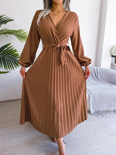 Women Elegant V Neck Long Sleeve Pleated Maxi Dress - Smarsty
