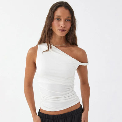 Simple Basic Casual Summer Tank Top Sleeveless Solid Color Off Shoulder Side Ruched Crop Tops Vestidos Spring Women T S - Smarsty