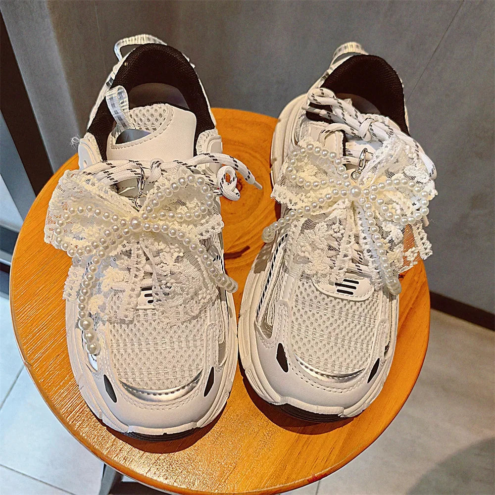 Fashion Lace Pearl Bow Shoe Laces Shoe Flower Buckle Premium Decorative Shoe Charm Accessories Charms for Sneakers Decorative