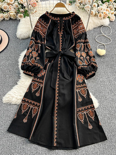 Bohemian Retro Ethnic Style Dress Women's New Spring Autumn Embroidered Lace Up Lantern Sleeves Waist Cinching Long Dress A155 - Smarsty