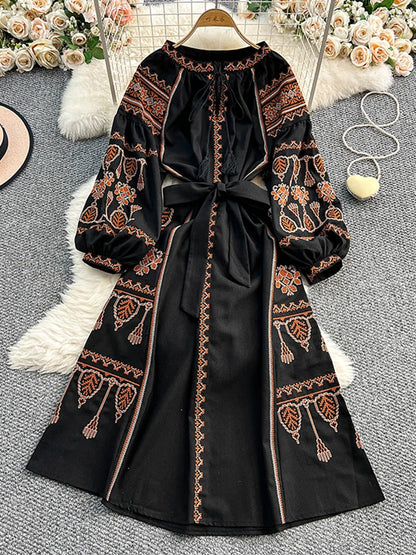 Bohemian Retro Ethnic Style Dress Women's New Spring Autumn Embroidered Lace Up Lantern Sleeves Waist Cinching Long Dress A155 - Smarsty