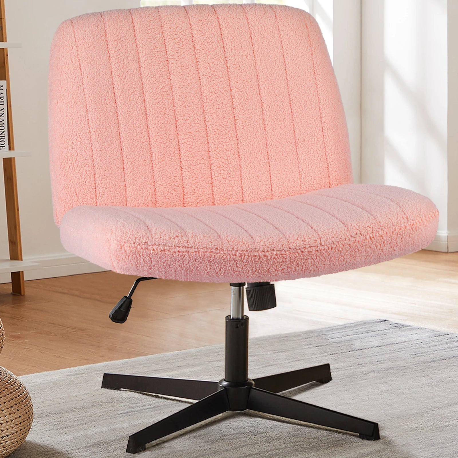 Cross Legged Office Living Room Rocking Gaming Chair Armless Wide Desk Adjustable Swivel Fabric Task Vanity Home Office