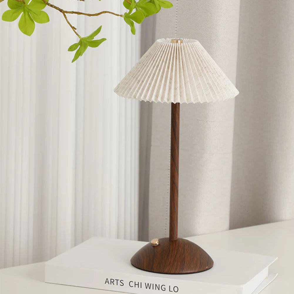 Minimalist Nightstand Light Fabric Shade Portable LED Desk Lamp Wood Base Dimmable Touch Lamp for Restaurant Bedroom Coffee Shop