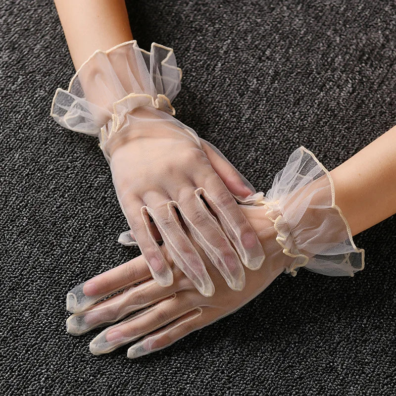 Women Lace Tulle Gloves Stretchy Full Finger Wedding Gloves - Smarsty