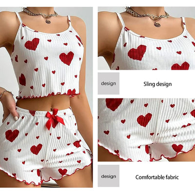 Women's Pajamas Set Sleepwear 2 PCS Short Tank Tops And Shorts S M L White Ventilate Soft Casual Love Printing - Smarsty