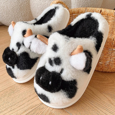 Casual Fluffy Slippers Women House Cute Cartoon Cow Designer Shoes Girl Flat Fashion Elegant Plush Winter Platform Footwear Home - Smarsty