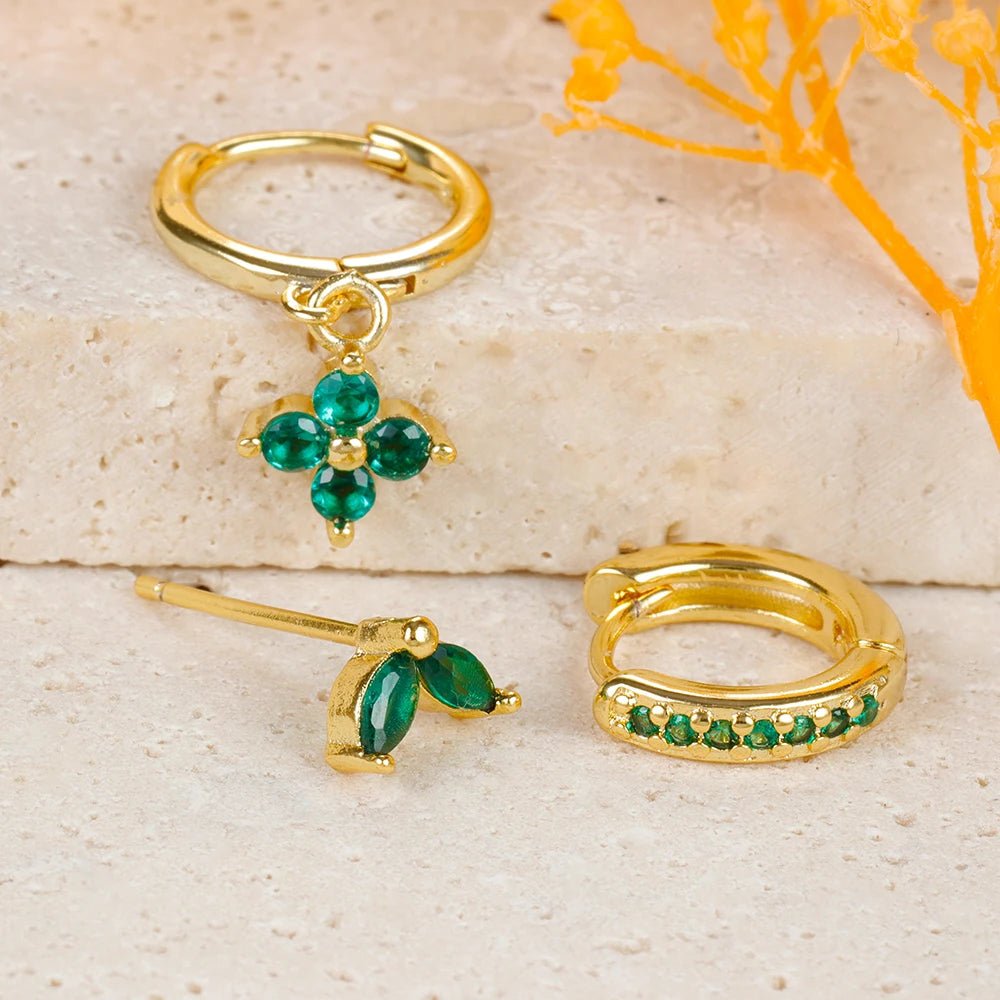 Green Zircon Flower Dangle Earrings Set for Women Fashion Jewelry - Smarsty