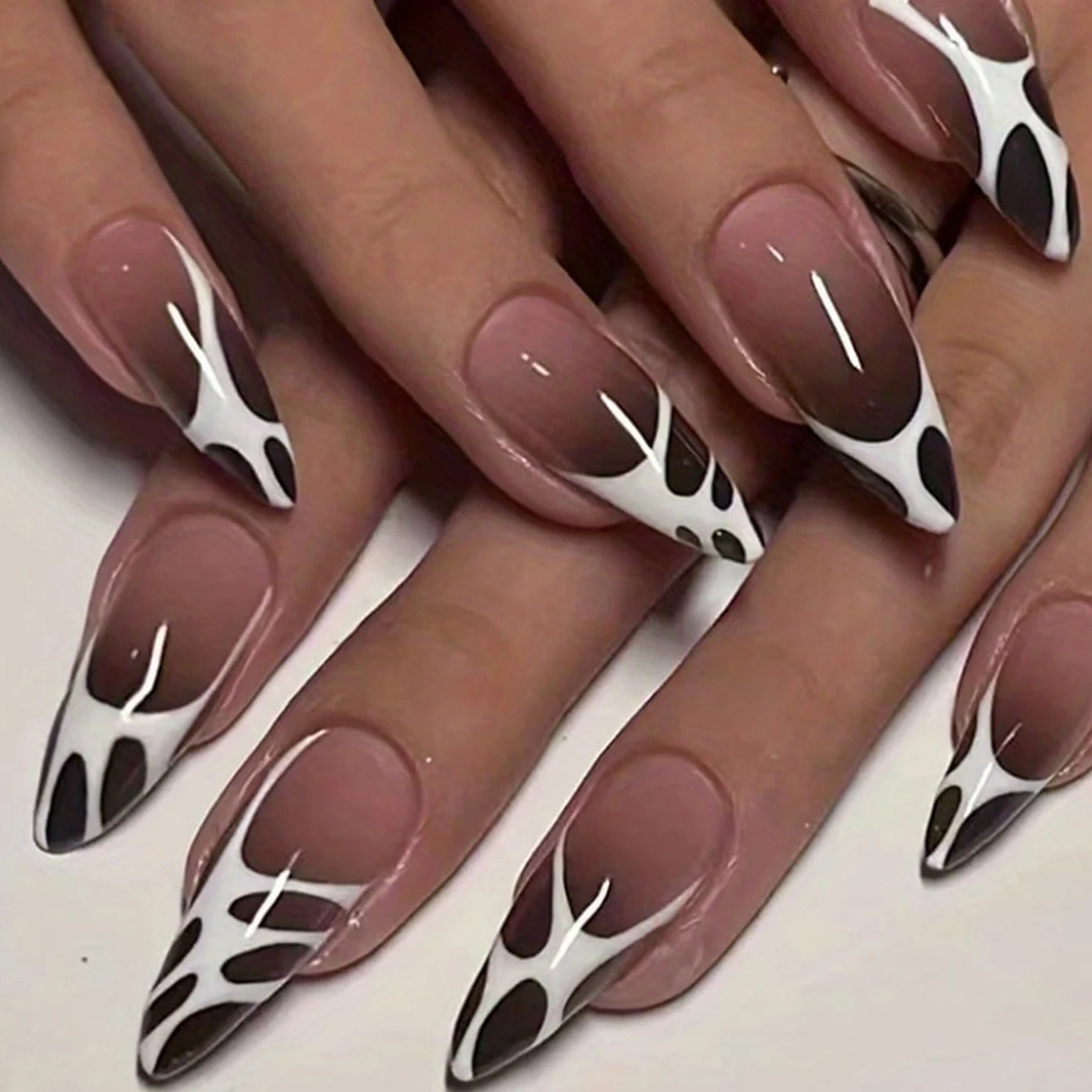 Stiletto Press On Nails Set with Black Silver Bowknot - Smarsty