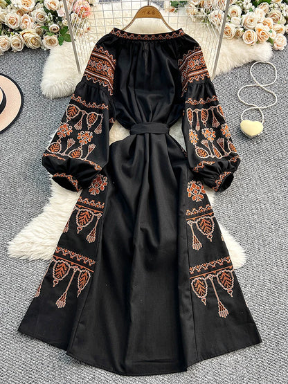 Bohemian Retro Ethnic Style Dress Women's New Spring Autumn Embroidered Lace Up Lantern Sleeves Waist Cinching Long Dress A155 - Smarsty