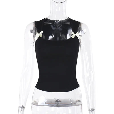 Y2K Women'S Bow Tie-Up Tank Tops Wide Shoulder Straps Bandage Camisole Sexy Low Cut Crop Tops Female Vest Tops - Smarsty