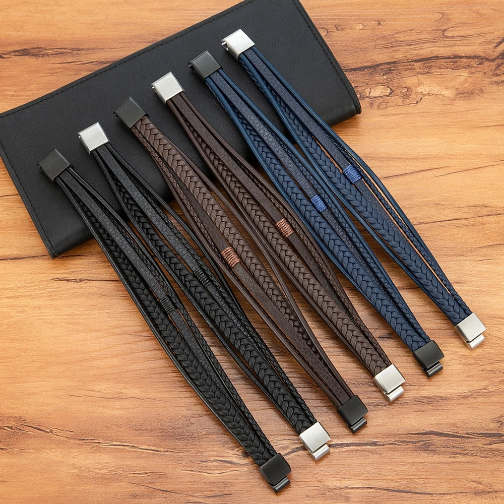 Mens Leather Bracelet Magnetic Buckle Multilayer Bangles - Smarsty
