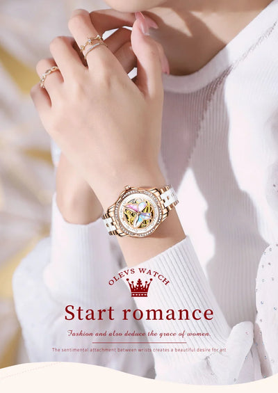 OLEVS 6615 Womens Watch Original Bezel Ceramic Mechanical Automatic Wristwatch Waterproof Luminous Ladies Watch Butterfly Dial - Smarsty