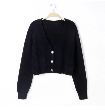 V Neck Cropped Cardigan Women Long Sleeve Twist Knitted Sweater Coats Autumn Winter Keep Warm Korean Fashion Jacket Cardigan - Smarsty