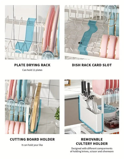 Dish Drying Rack, 2 Tier Large Dish Drying Rack for Kitchen Counter with Drainboard Stainless Steel Dish Drainer for Dish&Cup