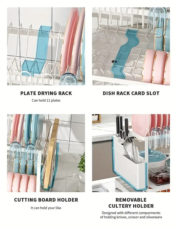 Dish Drying Rack, 2 Tier Large Dish Drying Rack for Kitchen Counter with Drainboard Stainless Steel Dish Drainer for Dish&Cup