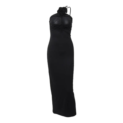 WhereMery Elegant Women Solid Sleeveless Slim Dress Aesthetic Oblique Strap Backless Prom Dresses Fashion Evening Party Clothing - Smarsty