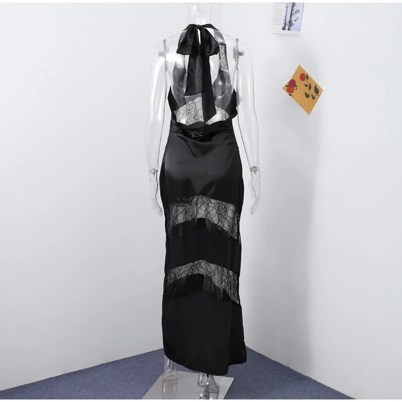 Elegant Lace Halter Dress Women Slim V-neck Backless Evening Long Dresses Woman Sleeveless Vintage Party Robe Lady Spring Summer - Smarsty