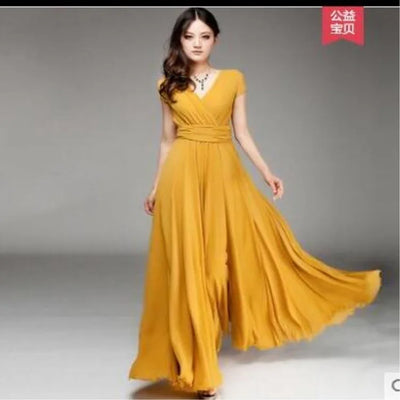 Women's Short-Sleeved Chiffon Evening Dress, Female Party Dress, Monochromatic, Bohemian, Long, Elegant, New, 2022 - Smarsty