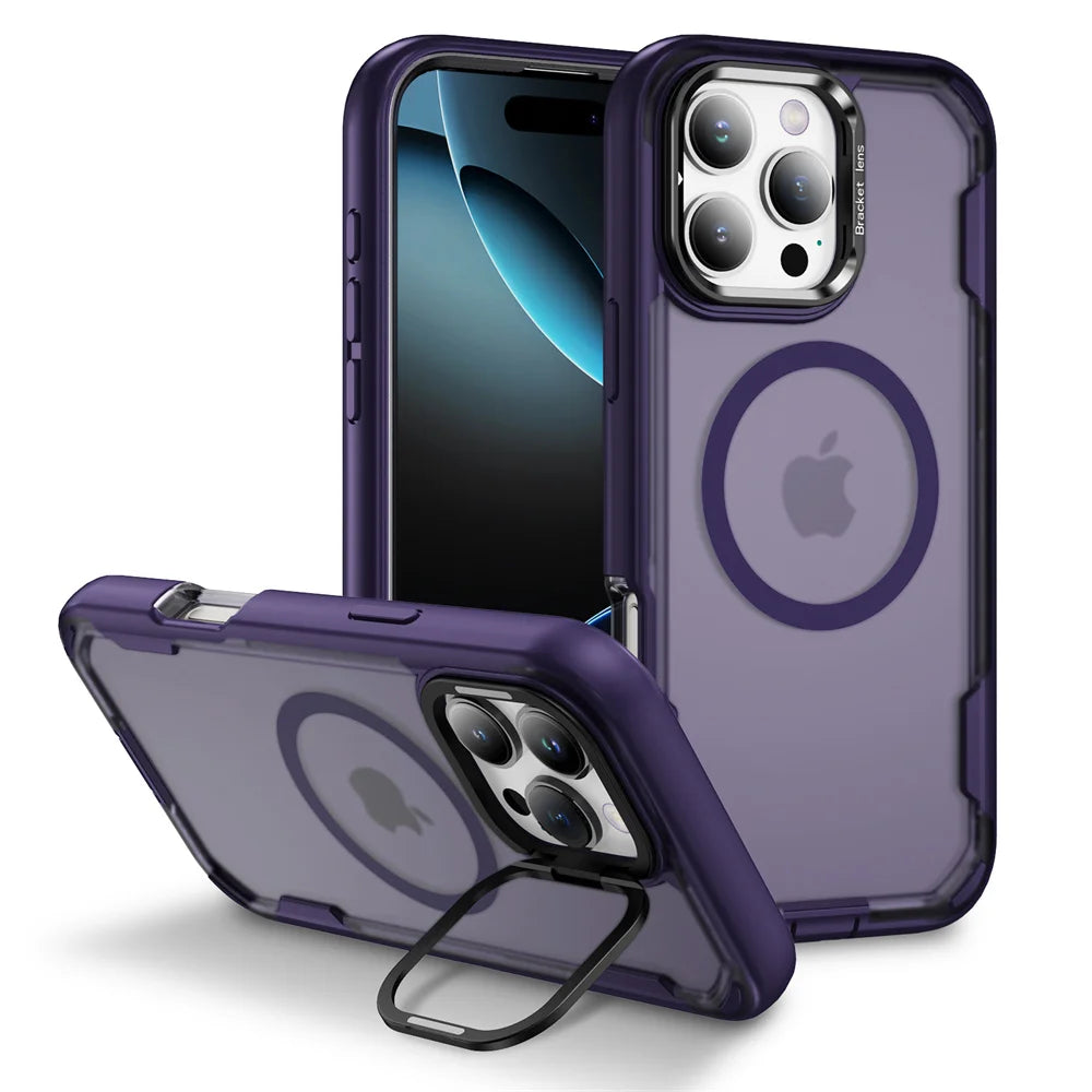 For Magsafe Dual Armor Bumper Lens Stand Phone Case For iPhone 17 16 15 14 Plus 13 12 Pro Max 11 Shockproof Protective Cover