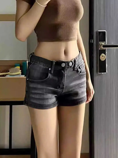 Women's Grey Denim Shorts Low Waist Mini Jeans Shorts 2000s Vintage 90s Y2k Emo Cowboy Short Pants Harajuku Clothes Summer 2024 - Smarsty