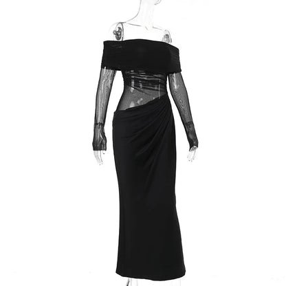 Y2k Summer New Solid Color Long Sleeve Off Shoulder Dresses Sexy Wrap Hip Mesh See Through Ruched Patchwork Long Dress 2024 New - Smarsty