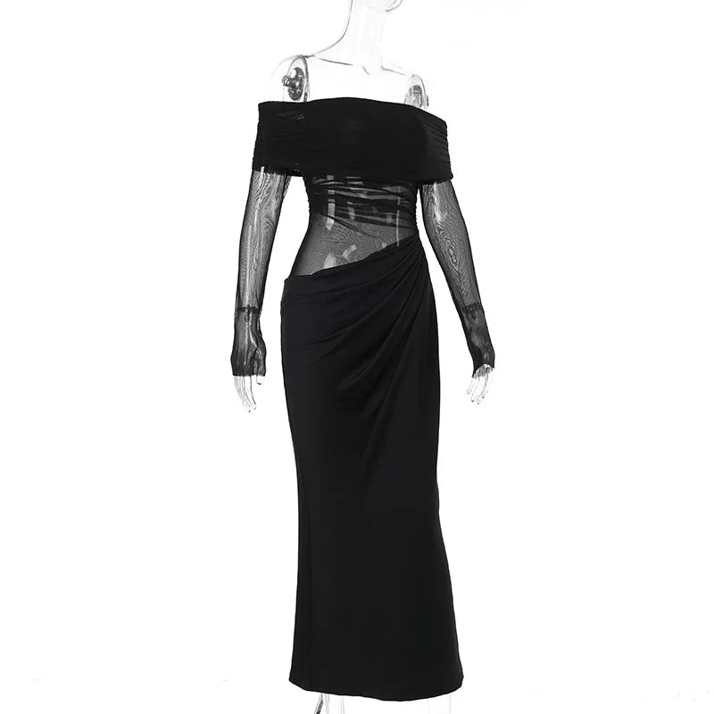 Y2k Summer New Solid Color Long Sleeve Off Shoulder Dresses Sexy Wrap Hip Mesh See Through Ruched Patchwork Long Dress 2024 New - Smarsty