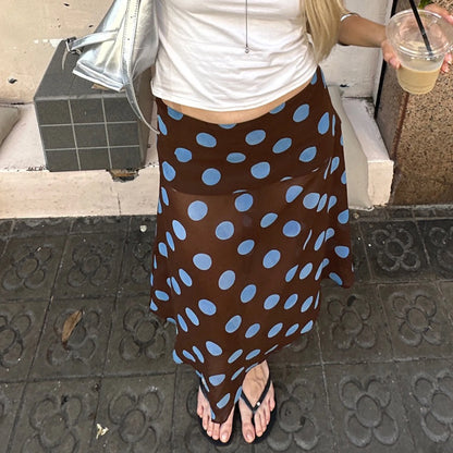 BIIKPIIK Casual Women Polka Dot Skirts Lettuce Trim Beige Elegant Midi Skirts Streetwear Simple All-match Bottom Clothing Spring - Smarsty