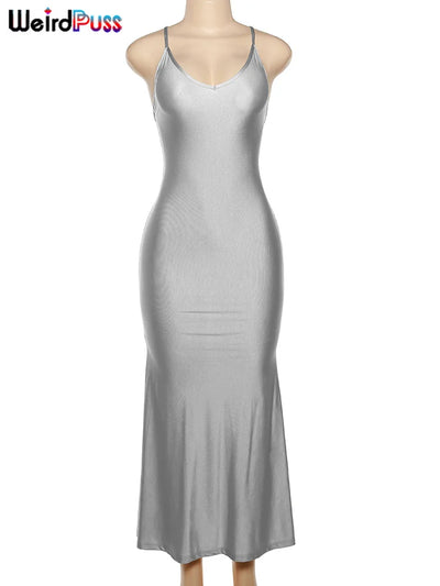 Weird Puss Sexy Backless Women Evening Maxi Dress Folds V-Neck Sleeveless Coquette Elegant Mermaid Matching Banquet Prom Bodycon - Smarsty