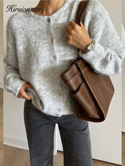 Hirsionsan Elegant Long Sleeve Sweater Women 2024 New Single-Breasted Female Casual Cardigan Soft Cashmere Knitted Outwear - Smarsty