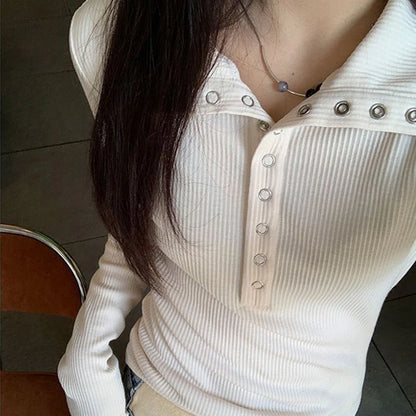 Fall Winter Long Sleeve Knit Pullovers Woman Y2K High Street Button Up Sweaters for Women Vintage Gray Ribbed Bottoming Tops - Smarsty
