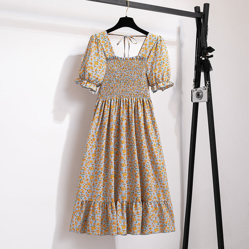 Summer Pleated Women Chiffon Dresses Casual Beach Holiday Short Sleeve Square Collar Woman Midi Dress Bohemian Mujer Vestidos - Smarsty