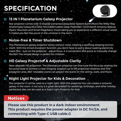 13 In 1 Galaxy Ultral Star Projector HD Image Area LED Night Light, 13 Film Discs,360° Rotate 1/2h Timer for Kids&Adults Bedroom - Smarsty