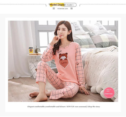 2PCS/Set Women Fashion Long-Sleeved Pajamas Fall and Winter Cartoon Love Bear Cute Soft Loose Casual Sleepwear Outside Homewear - Smarsty