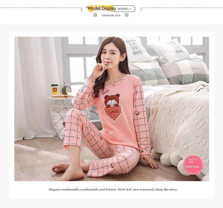 2PCS/Set Women Fashion Long-Sleeved Pajamas Fall and Winter Cartoon Love Bear Cute Soft Loose Casual Sleepwear Outside Homewear - Smarsty