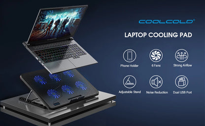 Coolcold 15.6-17.3inch Laptop Cooling Pad with 6 Quiet Fans,7 Height Wind Speed Adjustable,Laptop Cooer With Mobile Phone holder