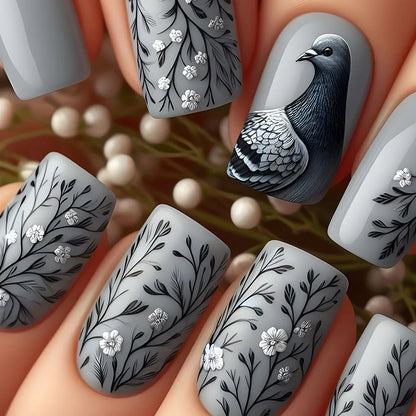 24 Piece Set Medium Long Press On Nails with Peach Flower Design - Smarsty