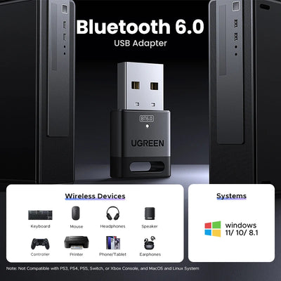 USB Bluetooth Adapter, Bluetooth 6.0 Dongle for PC Windows 11/10/8.1, Bluetooth Receiver & Transmitter for Keyboard/Mouse - Smarsty