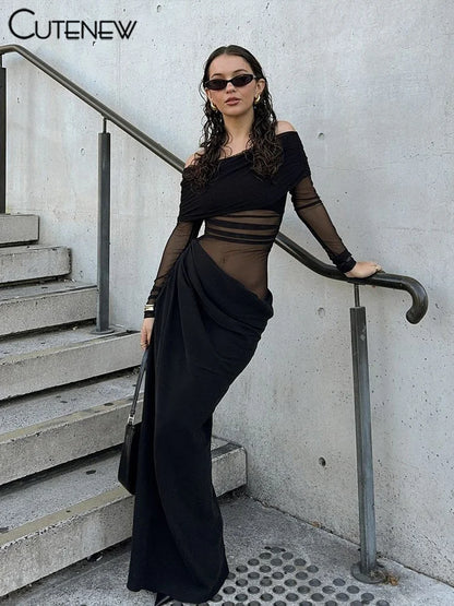 Cutenew Mesh Ruched Women Maxi Dress Sexy See Through Off Shoulder Long Sleeve Sheath Vestidos Female Midnight Party Solid Robe - Smarsty