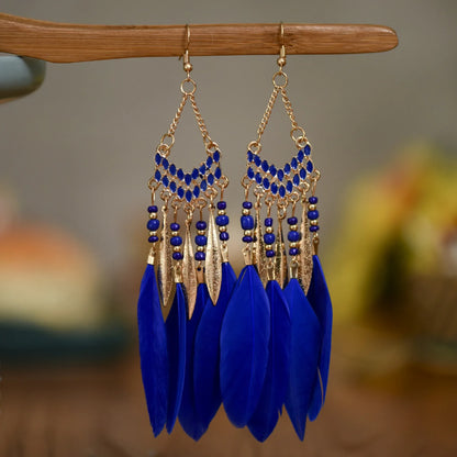 Bohemian Feather Dangle Earrings with Colorful Tassels - Smarsty