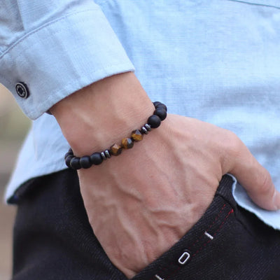 Mens Black Onyx and Tiger Eye Beaded Bracelet - Smarsty