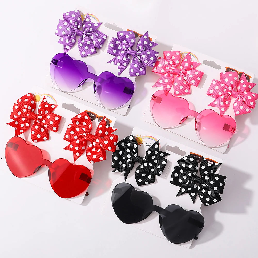 Colorful Heart Sunglasses and Dot Hairpin Set for Girls - Smarsty