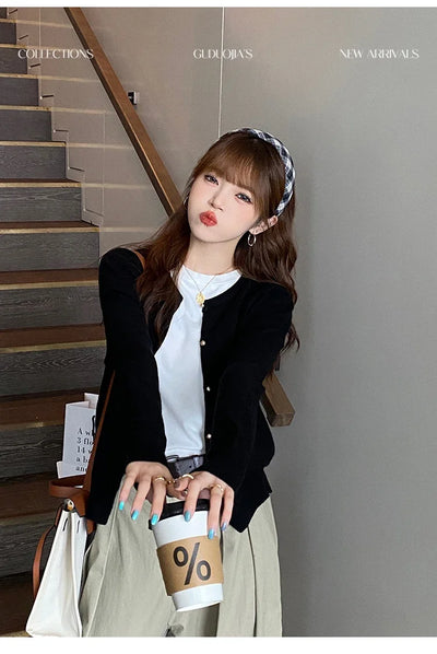 Solid Color Knitted for Women Cardigan Korean Single Breasted Long Sleeve Jumper Woman Round Neck All Match Cardigans Outwear - Smarsty