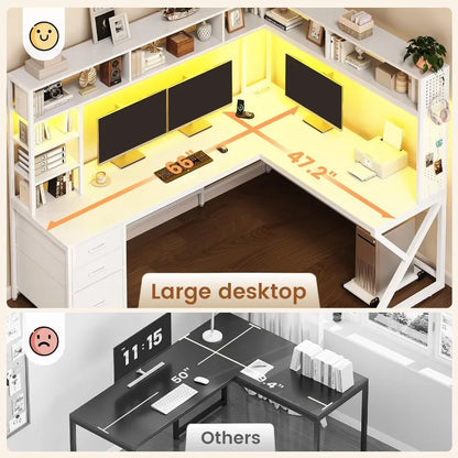 Corner Computer Desk Convertible 94.5 Gaming Desk with Storage Drawers Hutch and Pegboard L Shaped Office Desk with Power Outle