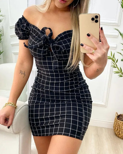 Summer dress sexy package buttocks short skirt of cross border grid print dress - Smarsty