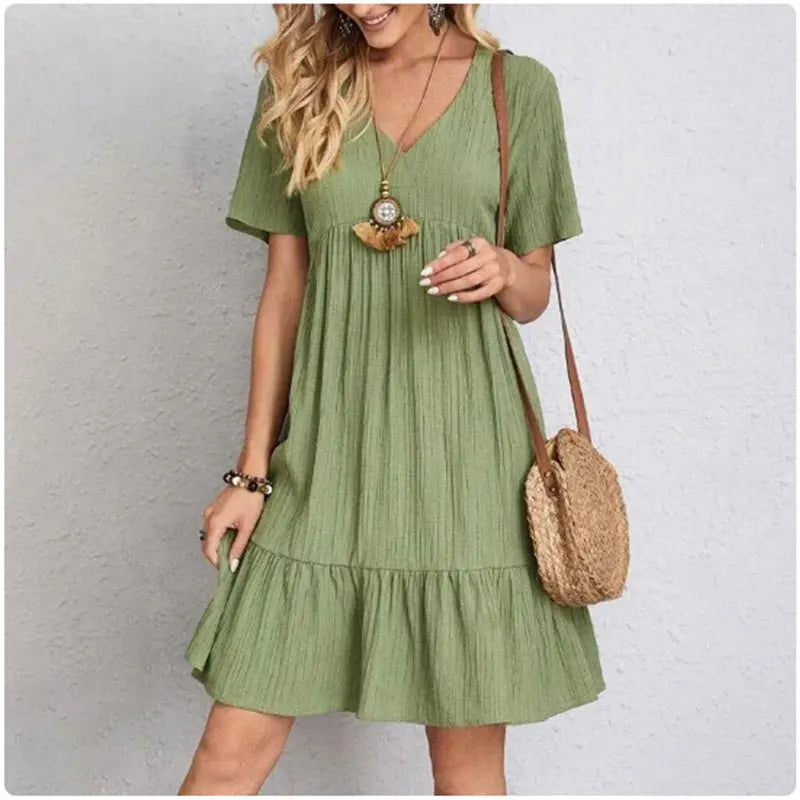 Women Summer Peplum Dresses Spring V-Neck Short Sleeve Loose Waist Ruffle Fit Flare Vocation Dresses - Smarsty