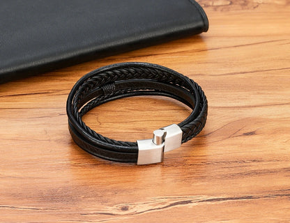 Mens Leather Bracelet Magnetic Buckle Multilayer Bangles - Smarsty