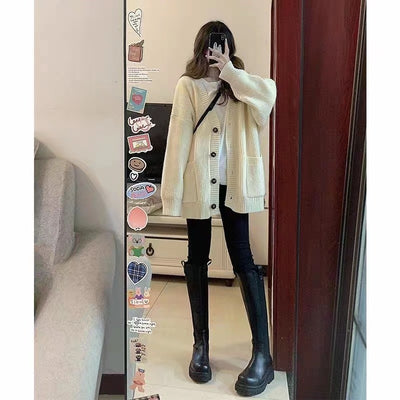 Autumn Winter Women Cardigan Sweater Coats Fashion Female Long Sleeve V-neck Loose Knitted Jackets Casual Sweater Cardigans - Smarsty